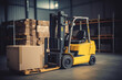 © Oleksandr - yellow forklift in a warehouse with cardboard boxes.logistics and delivery concept. ai generative