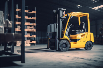 Wall Mural - yellow forklift in a warehouse with cardboard boxes.logistics and delivery concept. ai generative