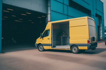 Wall Mural - delivery van with open side door. the van stands near the warehouse. logistics and delivery concept. ai generative