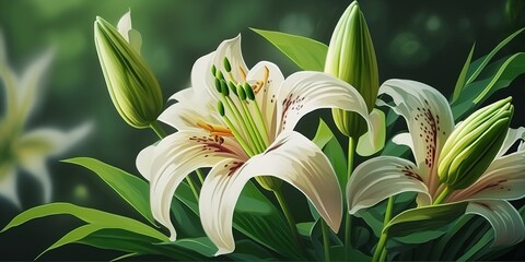 Wall Mural - background of lilies and green leaves from a garden on a bright summer or spring day, for use in agr