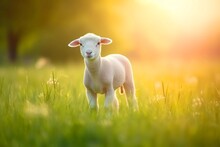 Cute Little Lamb On Fresh Spring Green Meadow During Sunrise Background