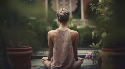 Healthy wellness woman yoga breathing meditating in lotus position.