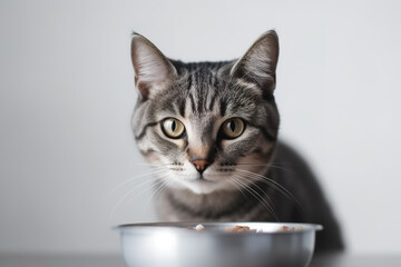 A close-up, adorable image of a cat happily munching on its favorite food or treats, with its whiskers and nose buried in the dish, set against a clean, on white background. Generative AI