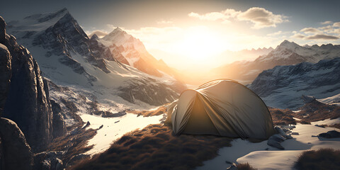 Wall Mural - Orange tent in snow mountains Alps on sunset light, hiker travel camp. Generation AI