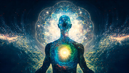 Wall Mural - astral silhouette of human in cosmic space meditate. back view man fly transcendental spiritual medi