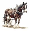  a drawing of a horse pulling a wagon with a man in it on a white background with a white background and a black and brown horse.  generative ai