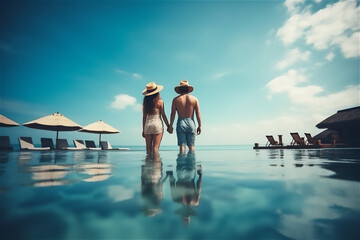 romantic vacation, couple on the edge of an infinity pool in tropical beach