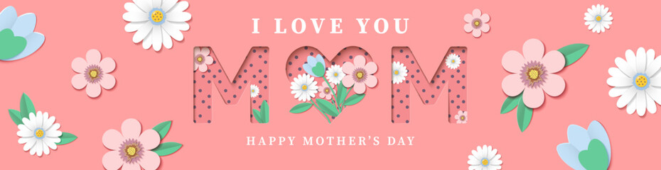 happy mother's day banner with beautiful paper flowers on a pink background. romantic vector design 