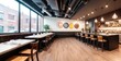 A trendy restaurant, modern and eclectic design. Bright Lighting, restaurants interior design. Generative AI.