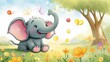 © MADMAT - Cheerful cute elephant blowing bubbles in a park in the springtime, with butterflies fluttering around, and his trunk up in delight. Generative ai.