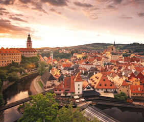 Wall Mural - Panoramic sunset view over the old Town of Cesky Krumlov, Czech Republic