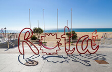 Sign Of The Town Of Rota, Cadiz, Andalusia, Spain In Front Of The Beach