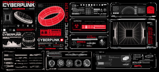 big cyberpunk collection of retro futuristic elements for design. retro futuristic graphic pack. uni