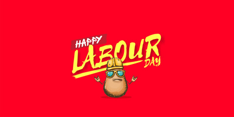 1 may labour day horizontal banner with cartoon funky rock n roll labour potato character with sunglasses and orange helmet isolated on red background. Mayday cartoon poster design template