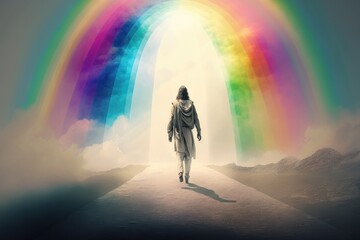 Wall Mural - The Divine Image - Jesus Walking Under the Rainbow on a Sunny Day Generative AI