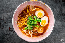 Asian Noodle Soup, Ramen With Chicken, Tofu, Vegetables And Egg In Bowl