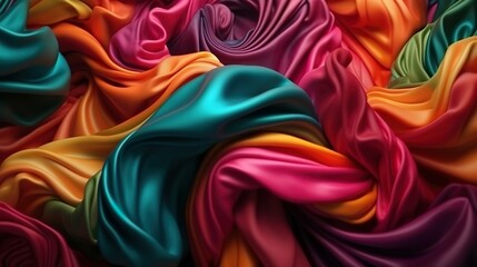Leinwandbilder - Abstract background with colorful smooth surface drapery of silk or satin textile cloth with flowing folds. Curve material modern wallpaper. Horizontal illustration for banner design. Generative AI.