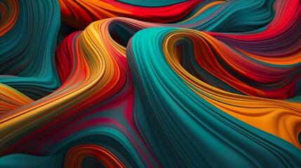 Leinwandbilder - Abstract background with mix colorful acrylic painted waves texture with lines in wavy folds. Liquid ink with color stripes modern wallpaper. Horizontal illustration for banner design. Generative AI.