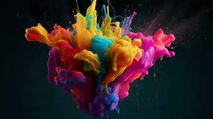 Leinwandbilder - Abstract background with rainbow powder explosion with splashing drops. Bright wallpaper with dust explode effect for holi holiday template. Horizontal illustration for banner design. Generative AI.