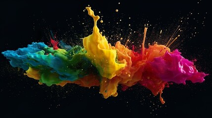 Leinwandbilder - Abstract background with wet explosion of rainbow colors paint with splashing drops. Bright wallpaper with liquid motion flowing effect. Horizontal illustration for banner design. Generative AI.