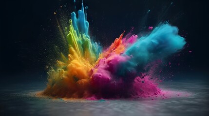Leinwandbilder - Abstract background with powder explosion of rainbow colors. Dust explode with splashing drops. Bright wallpaper with holi bomb blast effect. Horizontal illustration for banner design. Generative AI.