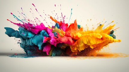 Leinwandbilder - Abstract background with wet rainbow colors explosion. Paint blast with splashing drops. Bright wallpaper with dynamic liquid motion effect. Horizontal illustration for banner design. Generative AI.