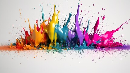 Leinwandbilder - Abstract background with colorful acrylic paint explosion with splashing drops. Dynamic liquid motion and spray effect wallpaper template. Horizontal illustration for banner design. Generative AI.