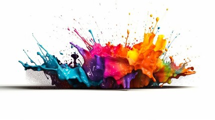 Leinwandbilder - Abstract background with colorful acrylic paint explosion and liquid motion with splashing drops. Blast with spray effect wallpaper template. Horizontal illustration for banner design. Generative AI.