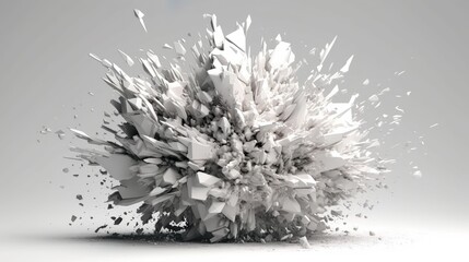 Leinwandbilder - Abstract background with white round shapes explosion of concrete material. Crash of stone with flying fragments, pieces and sharp particles. Horizontal illustration for banner design. Generative AI.