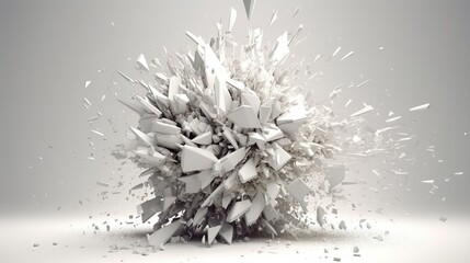 Leinwandbilder - Abstract background with white round shapes explosion of concrete grunge material. Crash of stone with flying sharp pieces of different size. Horizontal illustration for banner design. Generative AI.