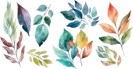 Poster - Vector Watercolor set of branches with colorful leaves, for wedding invitations, greetings, wallpapers, fashion, prints. Eucalyptus, olive green leaves.	