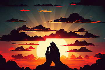 Wall Mural - Fingers of hands at dusk silhouette sunset sky. Generative Ai