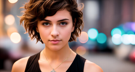 Young beautiful brunette girl with short dark curly or wavy brown hair with a confident gaze, outside in the evening close-up and blurred street lights in the background. Generative AI.