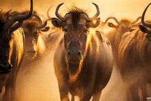 Herd Of Wildebeest Migrating Bright Ear Created With Generative AI Technology