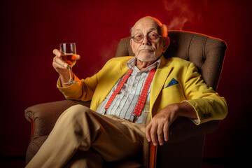 Wall Mural - Funny old man chilling and relaxing in a chair, drinking wine. Generative AI