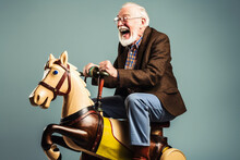 Funny Old Man Riding A Wooden Toy Horse And Laughing Loudly, Having Fun. Generative AI