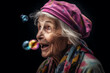 Funny old woman making soap bubbles when she tries to speak. Generative AI