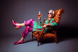 Funny old woman, chilling and relaxing in an armchair, drinking wine. Generative AI.