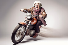 Funny Old Woman Riding A Motorcycle. Generative AI