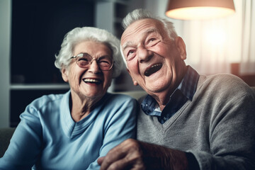 Old couple of husband and wife, enjoying retirement - they are watching TV and laughing. Generative AI