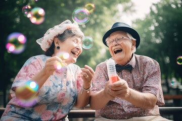 Wall Mural - Old couple of husband and wife, enjoying retirement - they are making soap bubbles and laughing. Generative AI