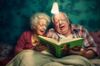 Old couple of husband and wife, enjoying retirement - they are reading in bed before going to sleep. Generative AI