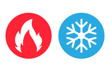 Hot And Cold Icon Temperature, Flat Vector Icon Of Temperature, Fire And Snowflake Sign. Heating And Cooling Button, Weather Icon, Hot And Cold Climate Icon, Icons For Web And Mobile App Design.