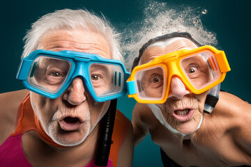 Old couple of husband and wife, enjoying retirement - they are having fun snorkeling. Generative AI