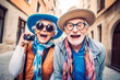 Old couple of husband and wife, enjoying retirement - they are having fun travelling abroad. Generative AI