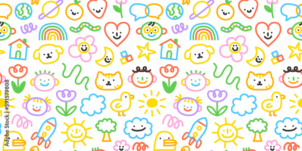 Colorful funny children doodle icon seamless pattern. Cute happy kid ...