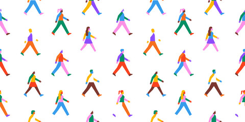 Wall Mural - diverse colorful people group walking together seamless pattern illustration. rainbow color characte