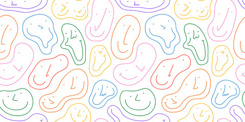 Wall Mural - diverse colorful people melting faces seamless pattern illustration. multi color happy cartoon chara