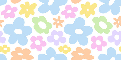 Leinwandbilder - Trendy floral seamless pattern . Vintage 70s style hippie flower background design. Colorful pastel color groovy artwork, y2k nature backdrop with daisy flowers.