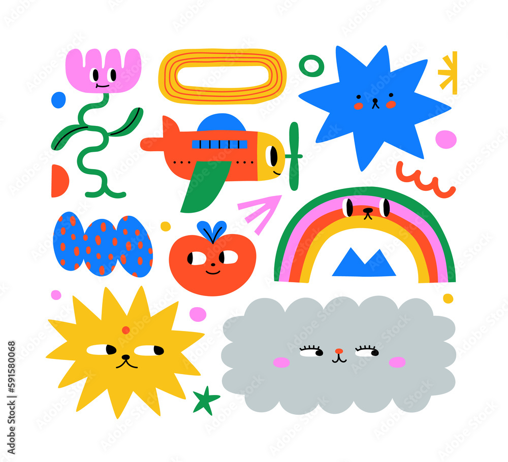 Set of colorful abstract shape kid cartoon character illustration ...